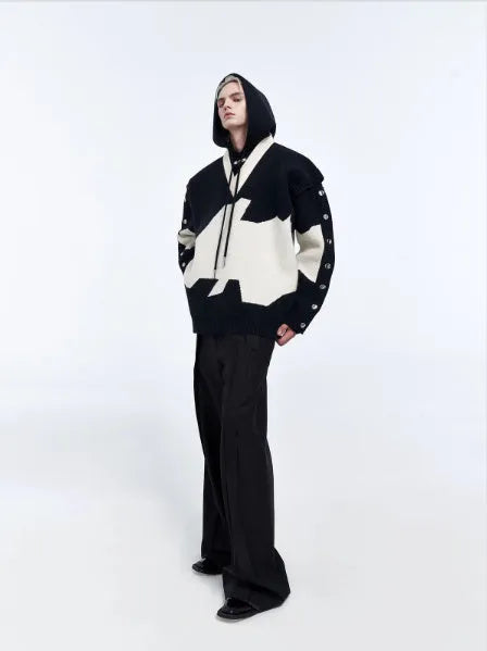 Men's ink gray black colour block long sleeve embroidered pullover hoodie jacket on hanger