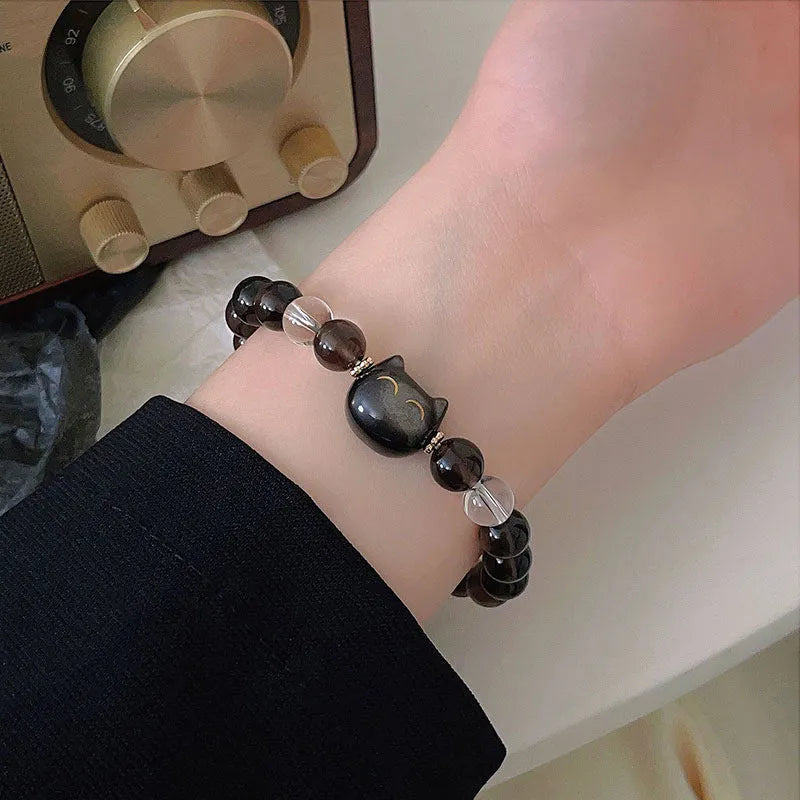 Silver opal cat head bracelet with 8mm ice stone bead on adjustable leather cord