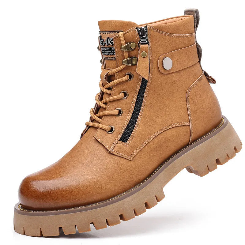 Men's brown high-top Martin boots with side zipper and a mid-height heel on a rubber sole.