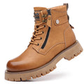 Men's brown high-top Martin boots with side zipper and a mid-height heel on a rubber sole.