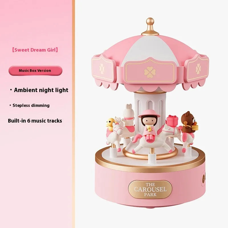 Carousel music box ambience light with USB rechargeable battery and rotating decoration in Sweet Dream Girl theme