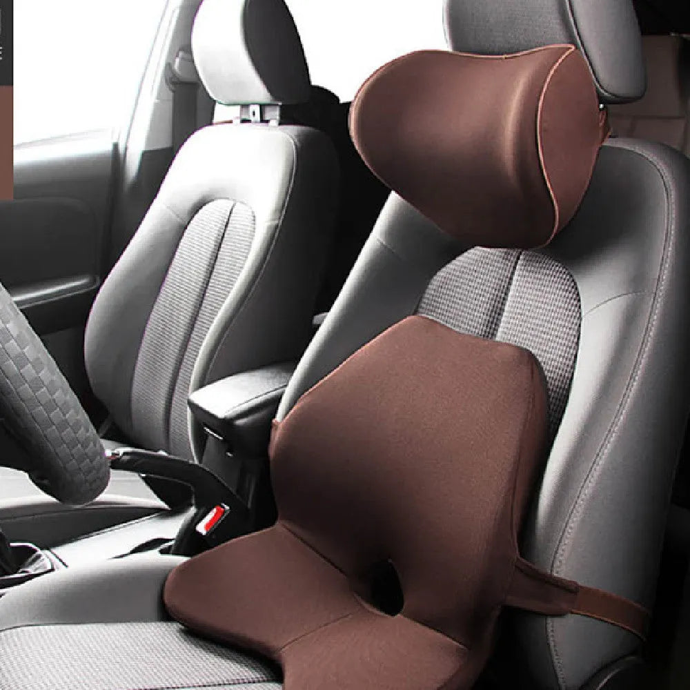 Car lumbar support cushion with memory foam, shown in beige colour, alongside a matching headrest option.