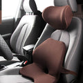 Car lumbar support cushion with memory foam, shown in beige colour, alongside a matching headrest option.