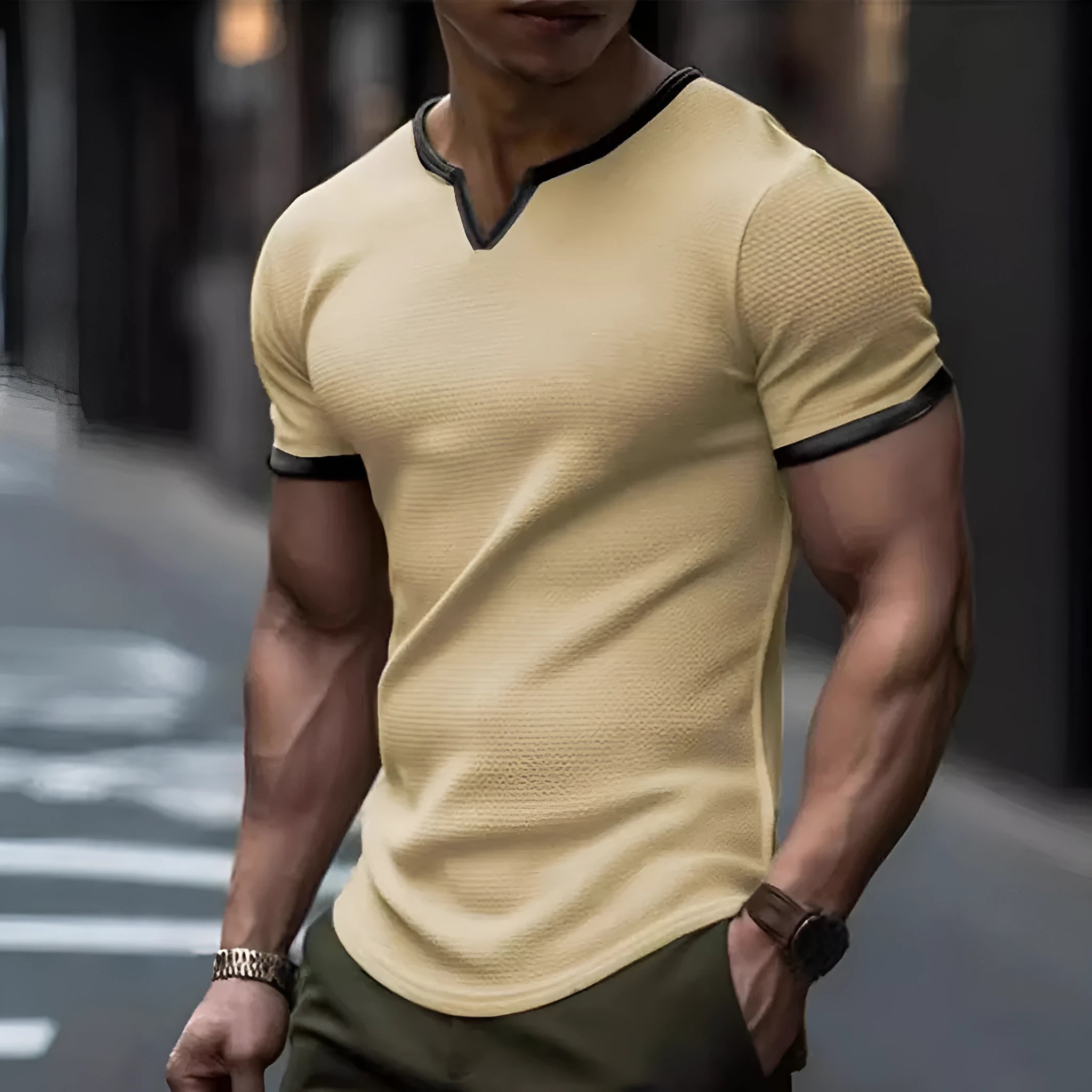 Short sleeve waffle texture t-shirt with colour-block V-neck in army green