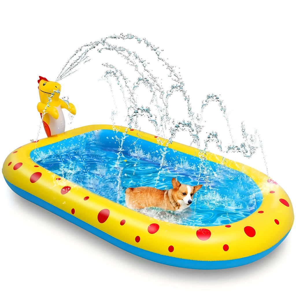 Blue dinosaur and shark water play pool for children in a garden setting