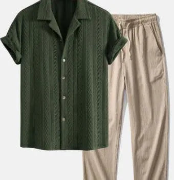 Slim-fit linen-polyester casual suit with camouflage print, showing short-sleeved cardigan shirt and matching trousers.