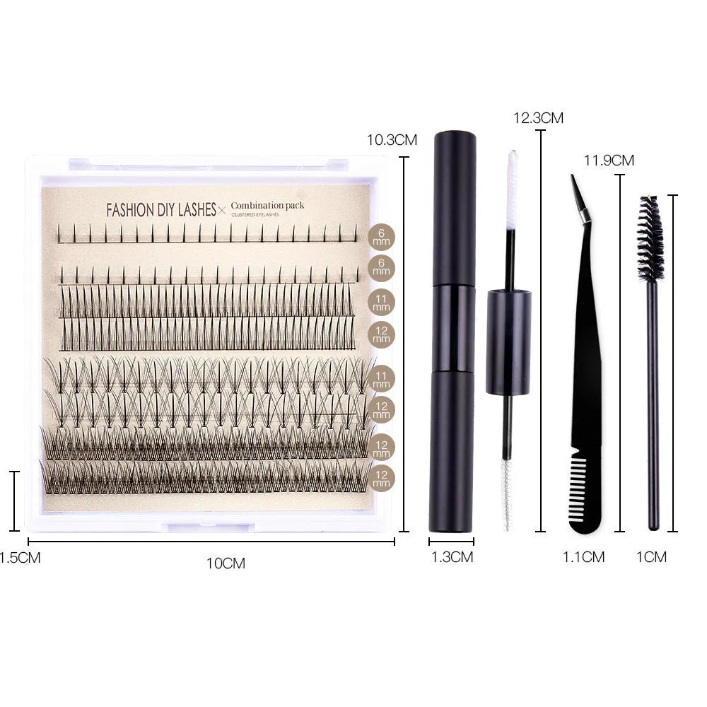 Segmented false eyelash kit open showing lashes, pink and black glue pots, tweezers, and an applicator brush.
