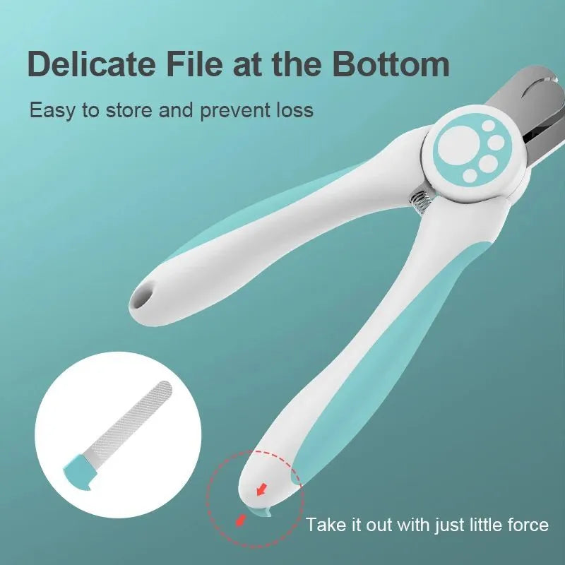 Blue and white pet nail clippers with safety guard and stainless steel blades