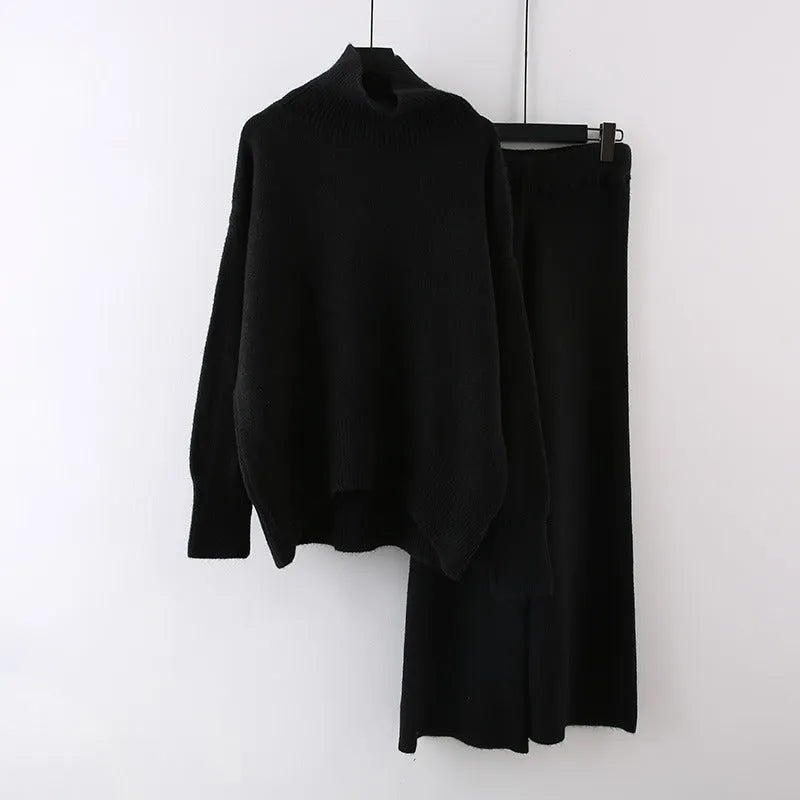 Women's casual long-sleeve sweater and wide-leg trousers co-ordinated set.