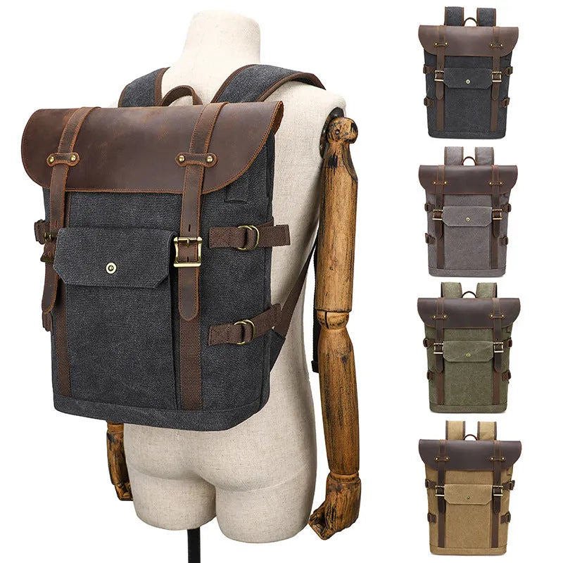 Army Green canvas computer backpack with crazy horse leather detailing and USB charging port