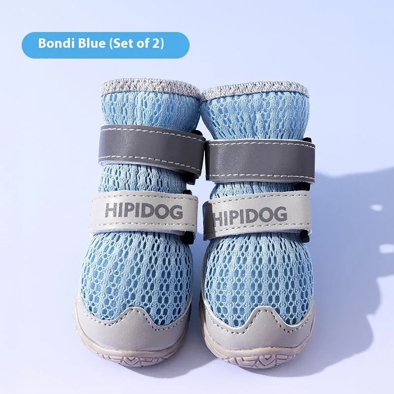 Cartoon style blue and green breathable dog shoes with adjustable strap on a pet's paw.