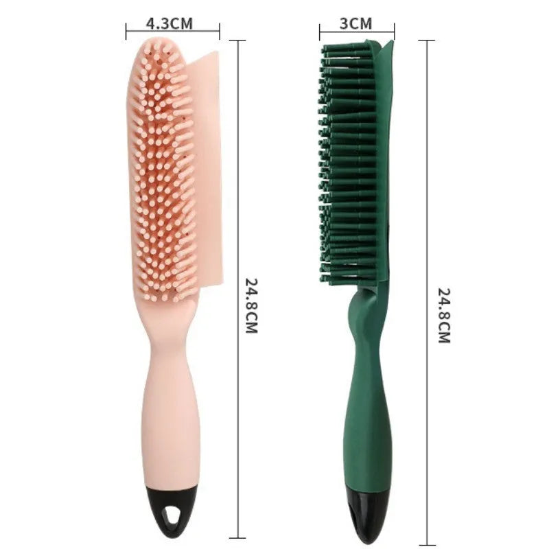 Pink and green handheld pet hair remover brush with grooming comb and integrated clothes hair collector.