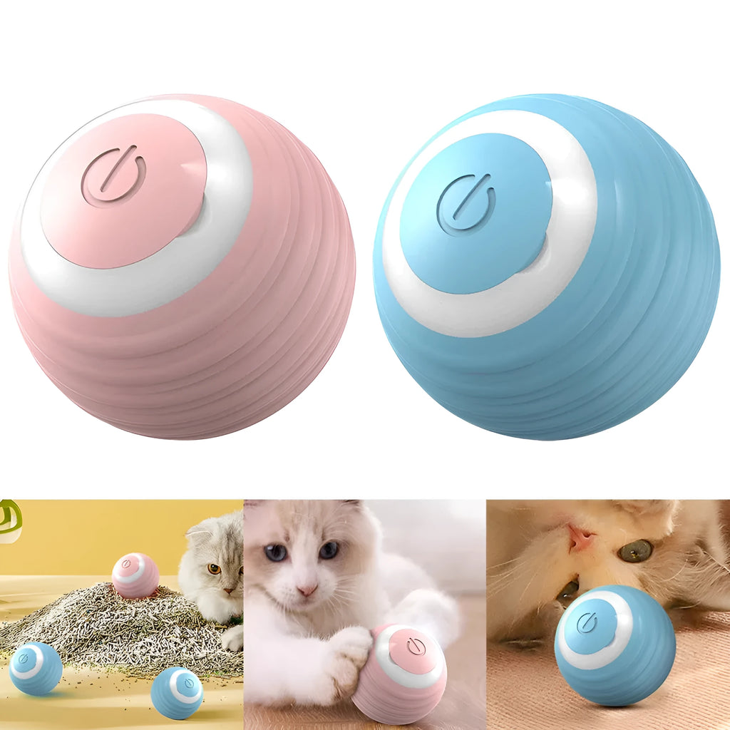 Blue rechargeable automatic rolling ball cat toy on a floor.