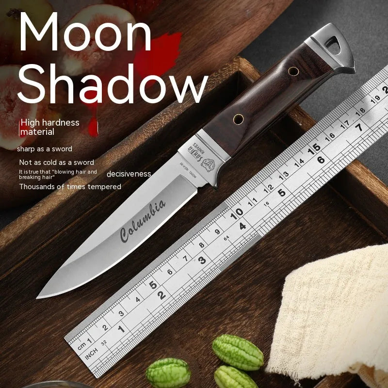Camping fruit knife with stainless steel blade in leather protective case