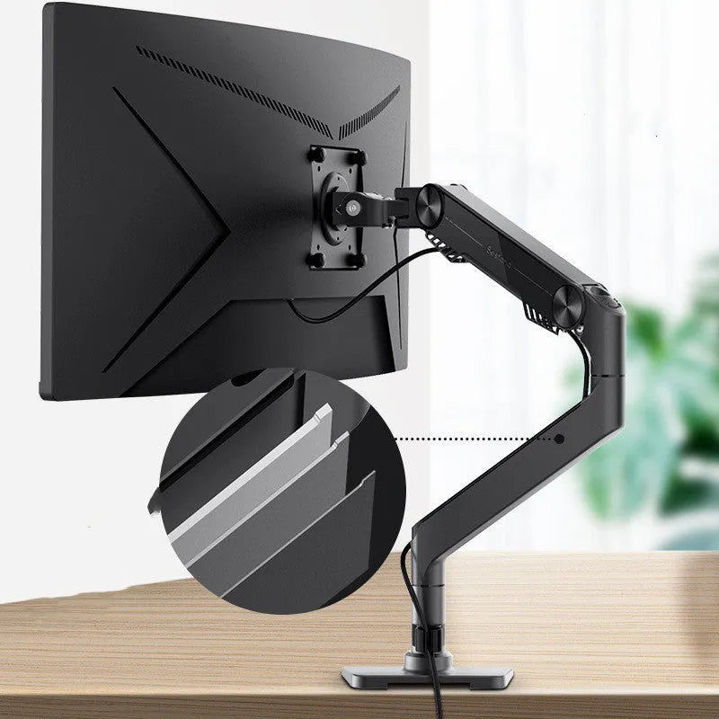 Black gas spring monitor stand on desk with curved screen support, 7K aluminium alloy build