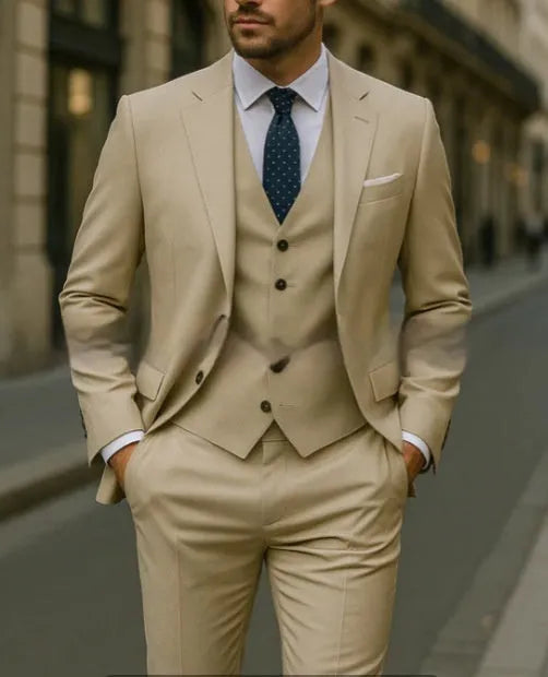 Men's three-piece business suit set in dark gray, including jacket, vest, and trousers, polyester fabric, size M.