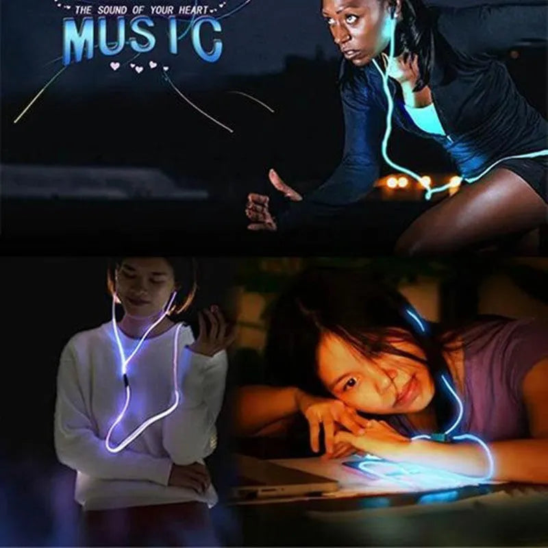 Blue LED light-up earphones with 3.5mm jack and inline remote control, showing illuminated ear shells.