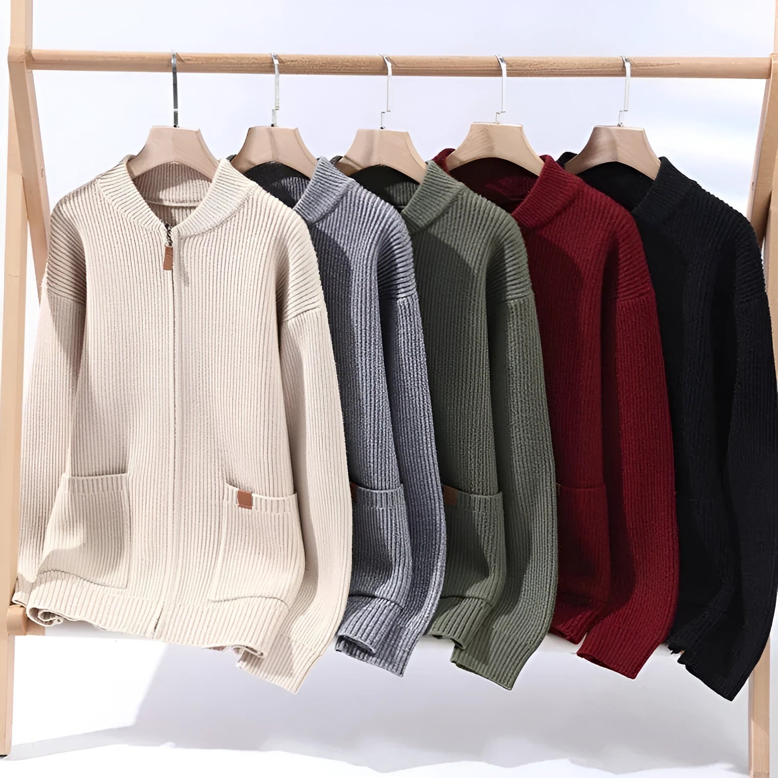 Men's straight-cut striped cardigan sweater in a polyvinyl alcohol fibre blend, shown in beige.