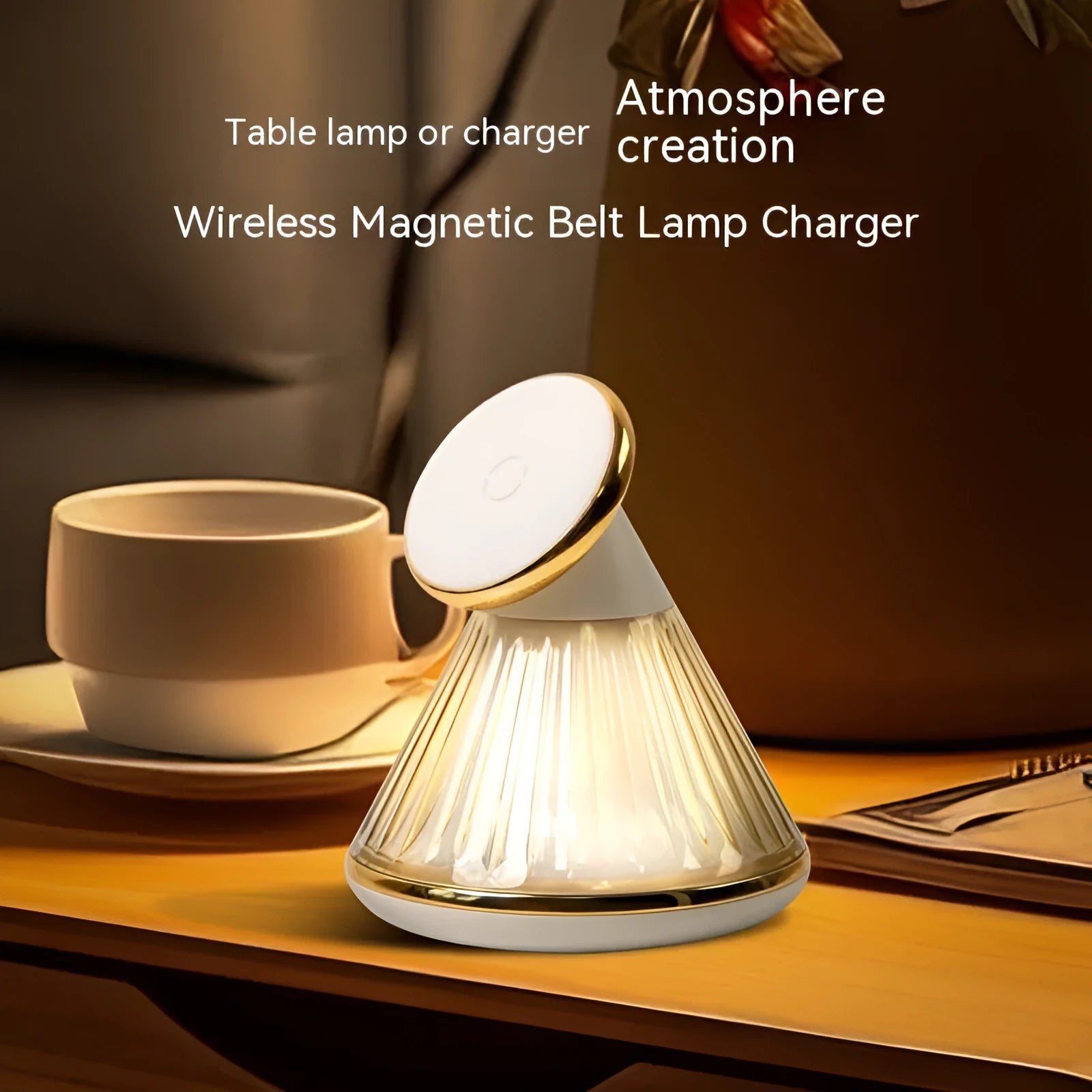 Champagne gold night table lamp with magnetic base and integrated 15W wireless charging pad