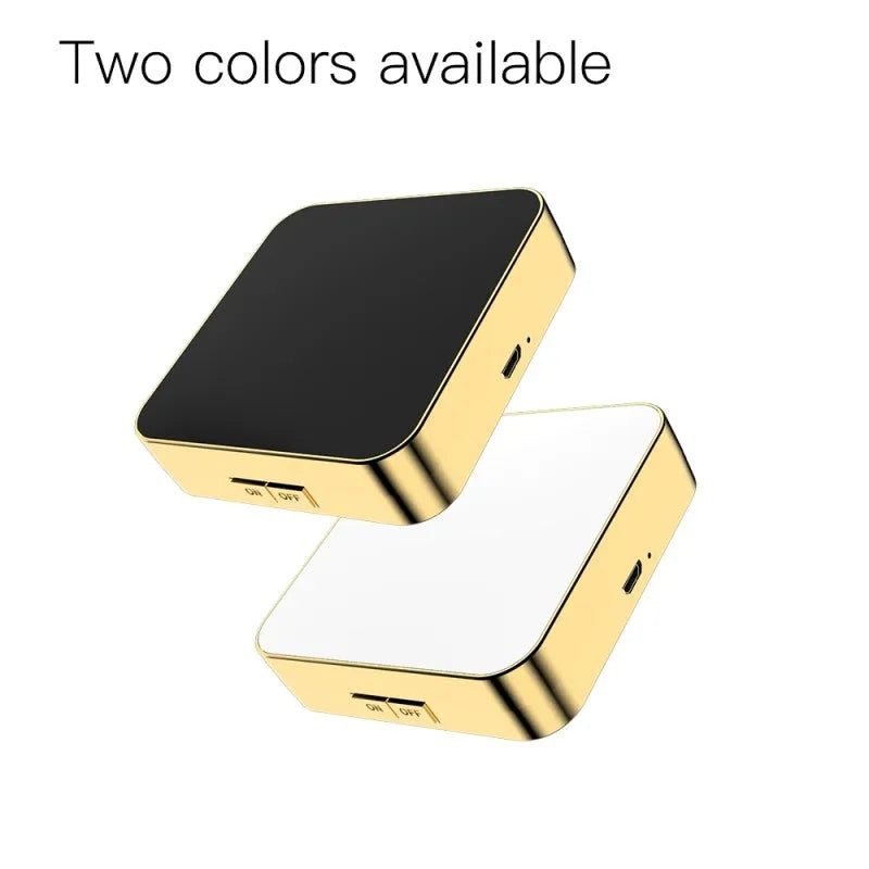 Black and white makeup mirror with dual reflection surfaces and adjustable lighting controls