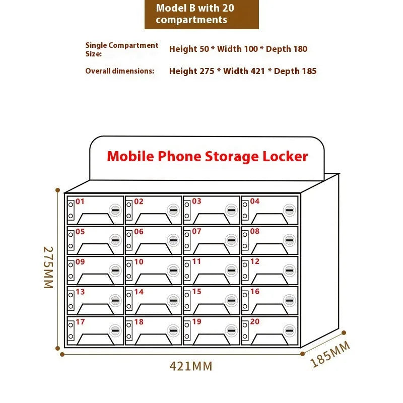 Clear acrylic mobile phone storage cabinet with charging holes, multiple compartments for office desk organisation