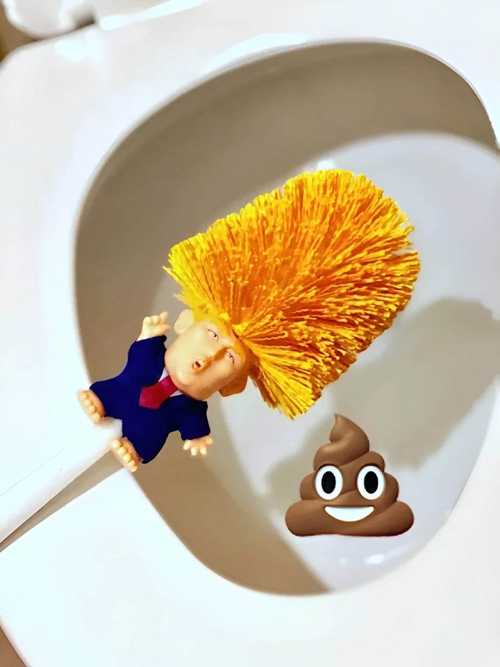 Yellow plastic Donald Trump toilet brush with 40cm length and hanging slot