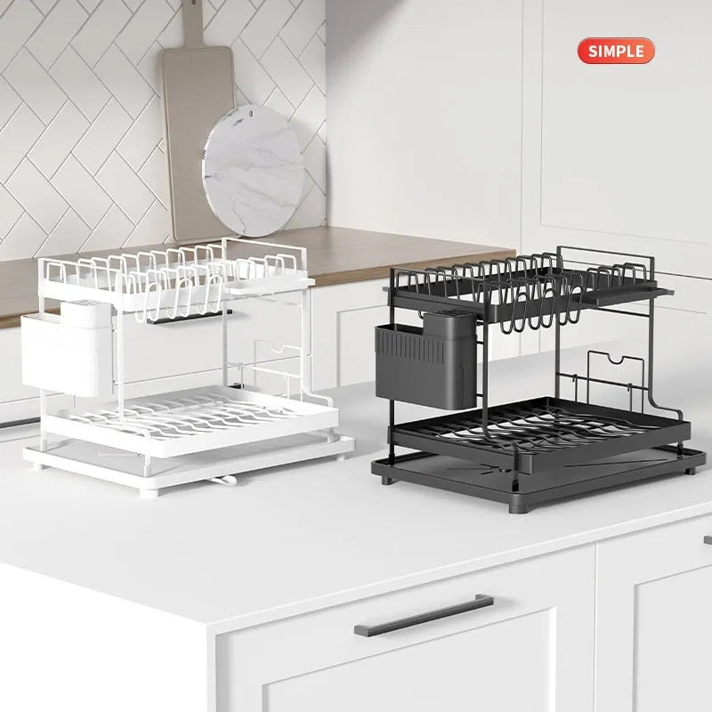 White and black double-layer kitchen storage rack with a removable draining tray.