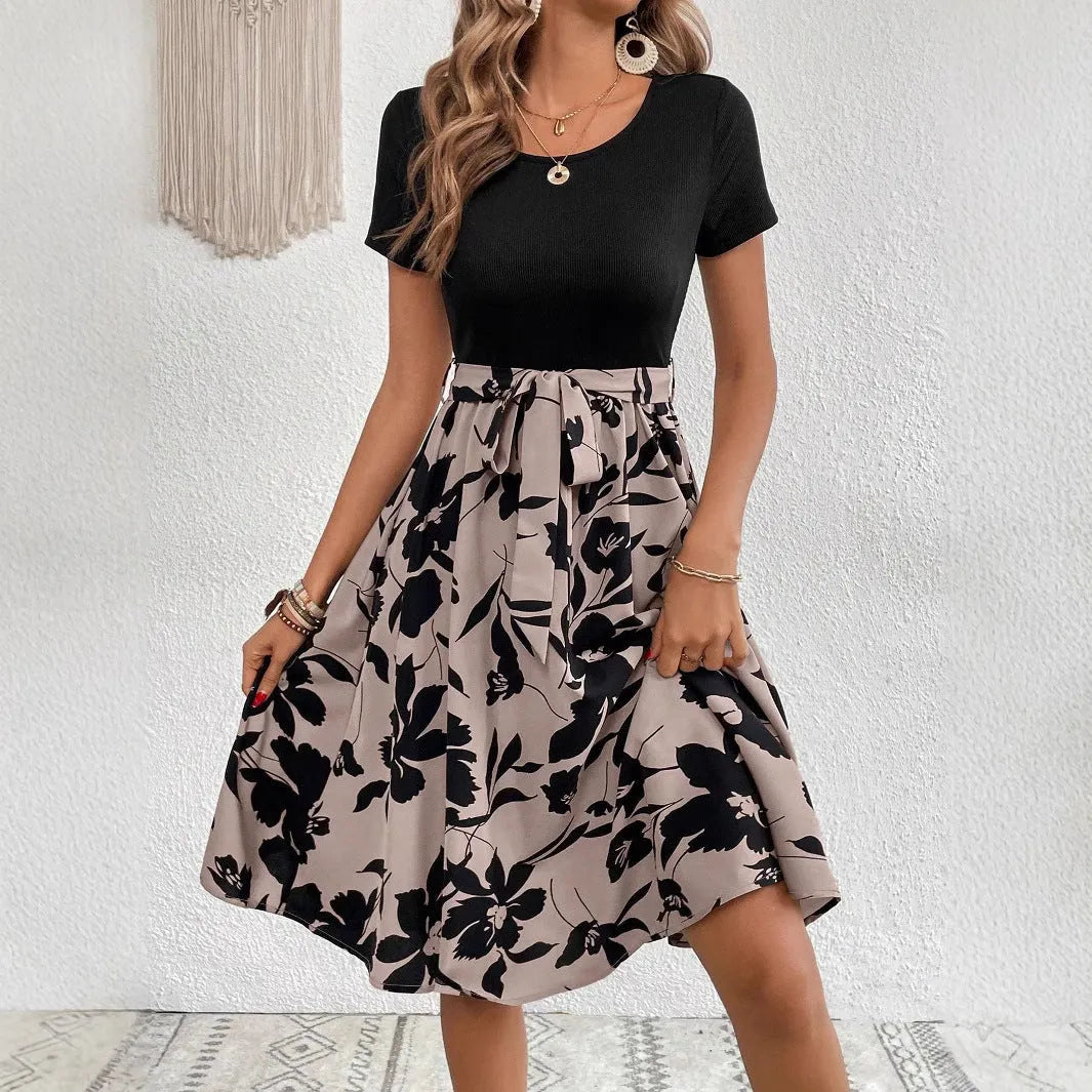 Khaki A-line women's dress with floral print and lace-up detail on the front.