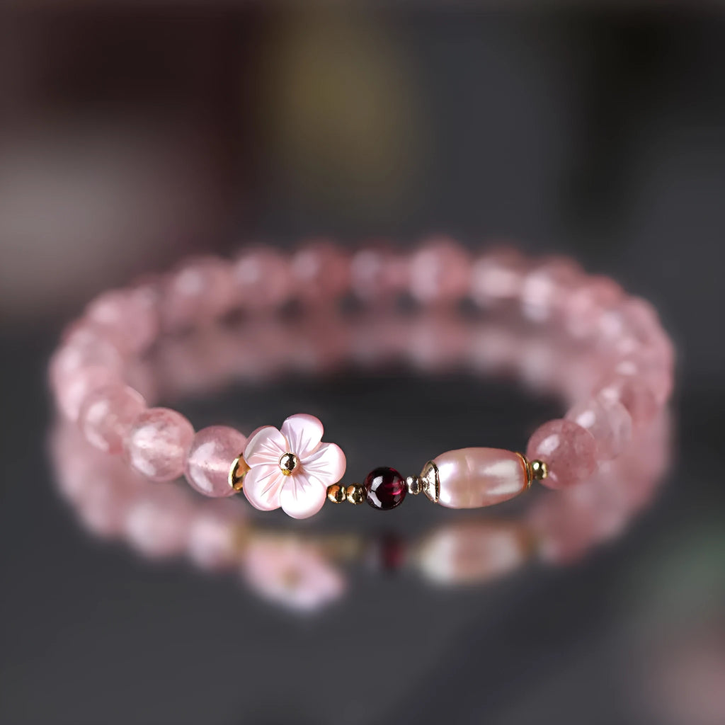 Strawberry quartz peach blossom crystal bracelet with flower-shaped beads for casual jewellery wear