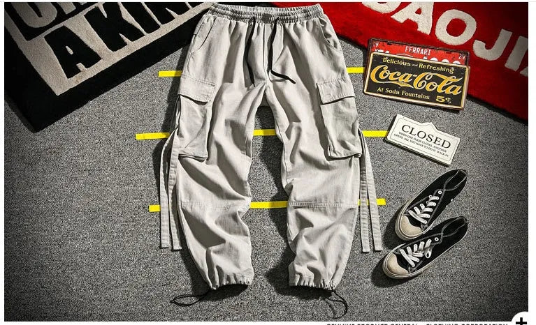 RIBBON Cargo Pants for men cotton blend multi-pocket drawstring waist loose fit in black gray red sizes M to 5XL