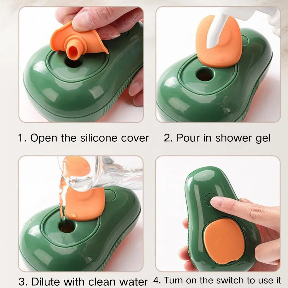 Green and white rechargeable cat steam brush with silicone teeth and water spray nozzle.