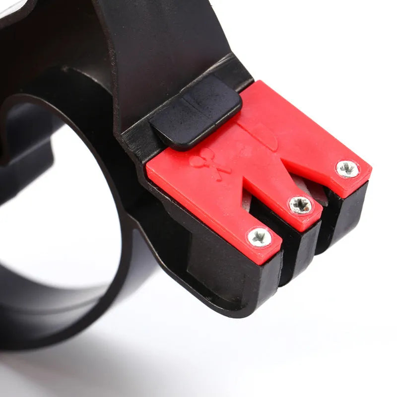 Black handheld knife and scissor sharpener with tungsten steel blade on white background