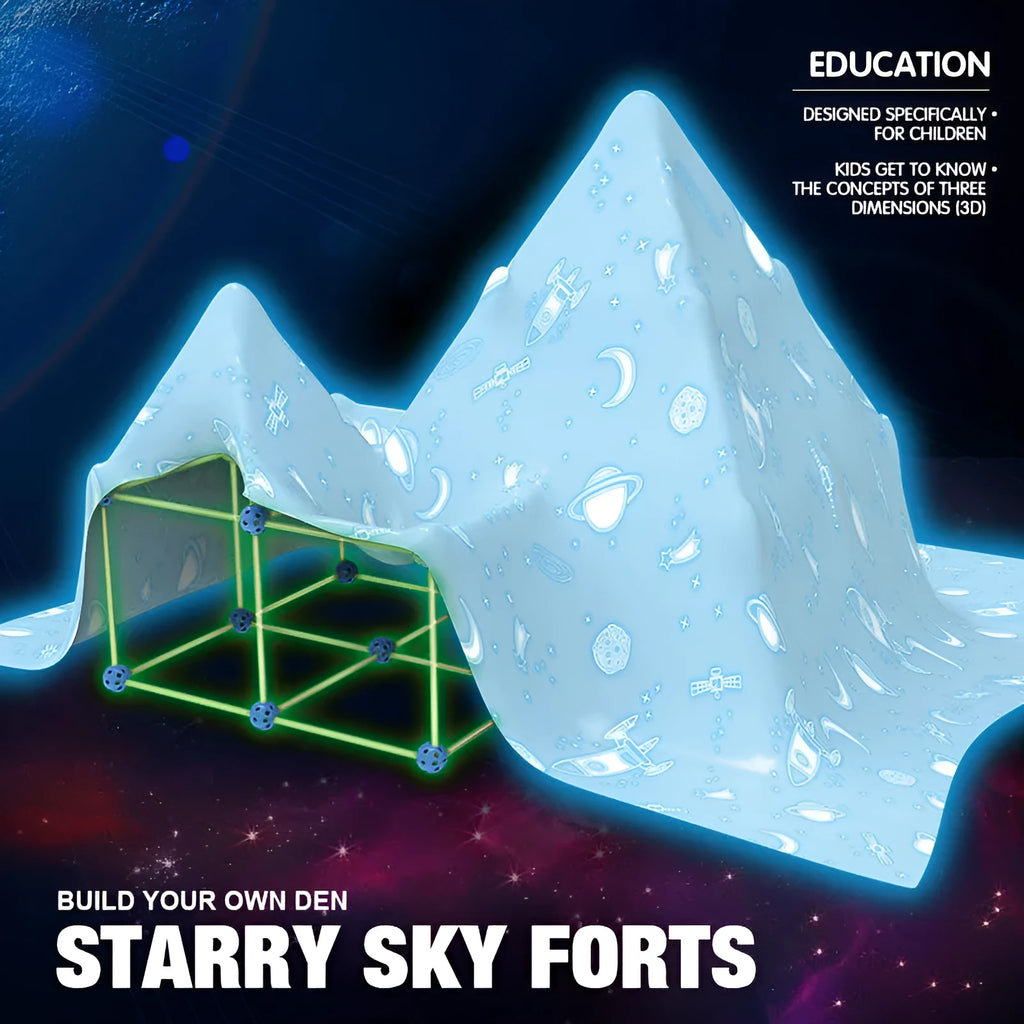 Luminous children's fort building kit with plastic sticks and connector balls for constructing castles and play tents