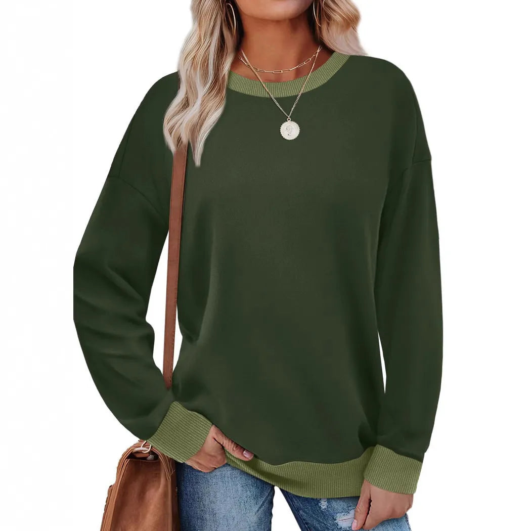 Women's loose striped long-sleeved top in polyester showing round neck and regular sleeve construction