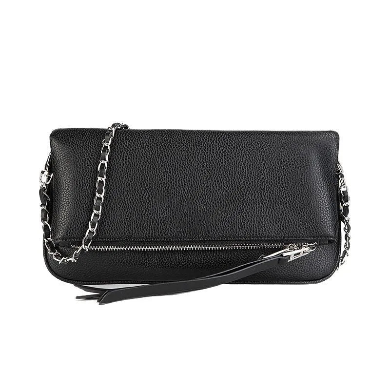Women's black chain folding clutch messenger bag with detachable strap and gold hardware