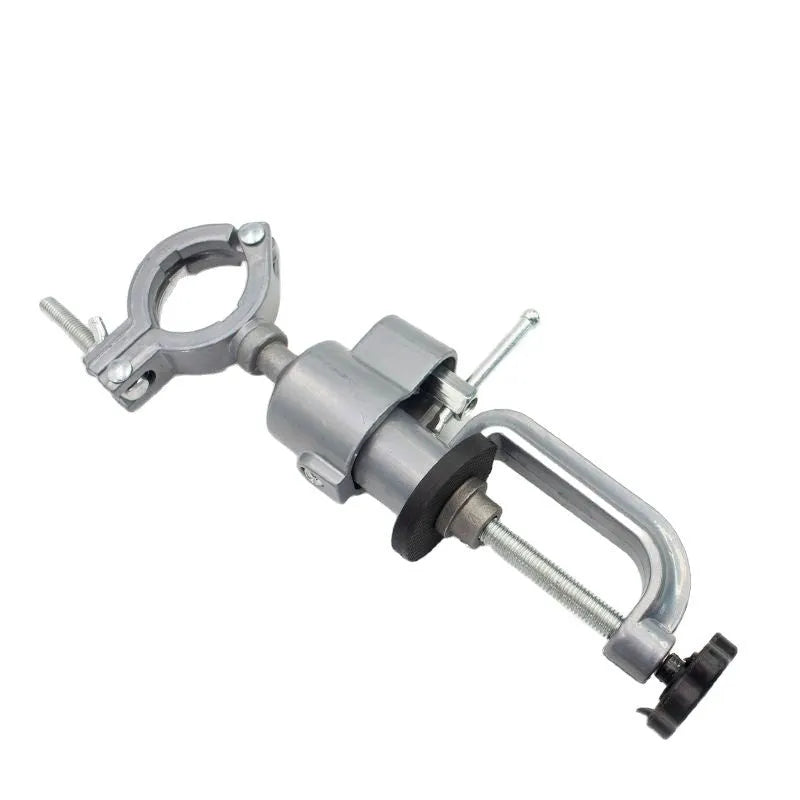 A compact bench vise with a clamp-on bracket and 360-degree rotating head, showing its tungsten steel jaws.
