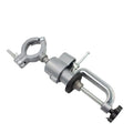A compact bench vise with a clamp-on bracket and 360-degree rotating head, showing its tungsten steel jaws.