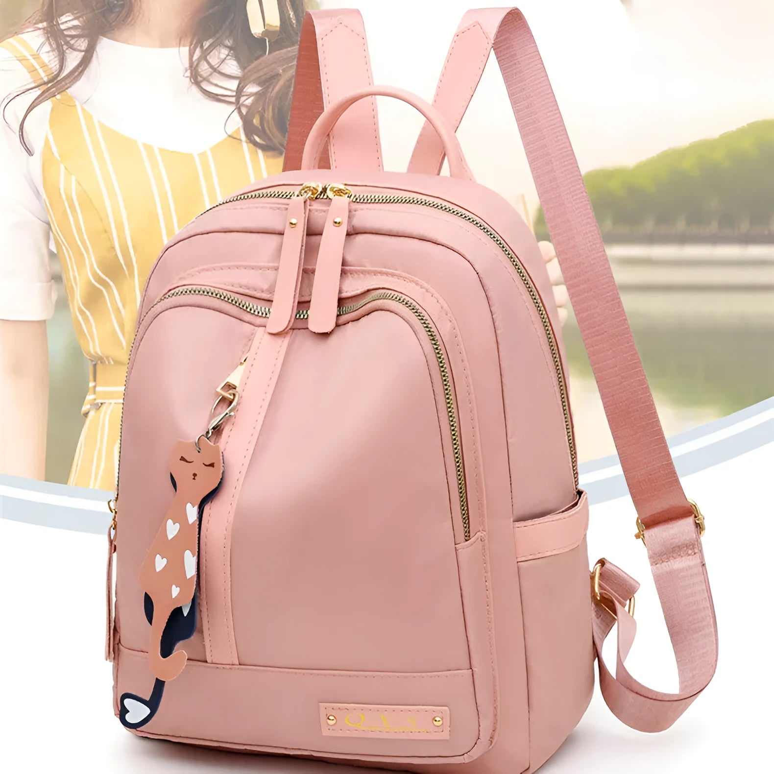 Black and pink women's casual nylon backpack showing soft surface and shoulder straps