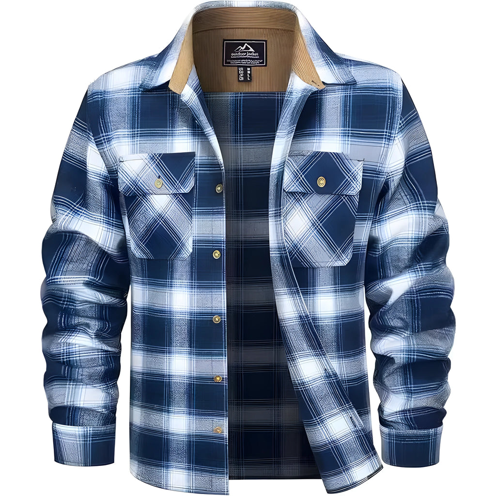 Men's plaid flannel button shirt in polyester fabric showing colour options including green, navy, and orange patterns