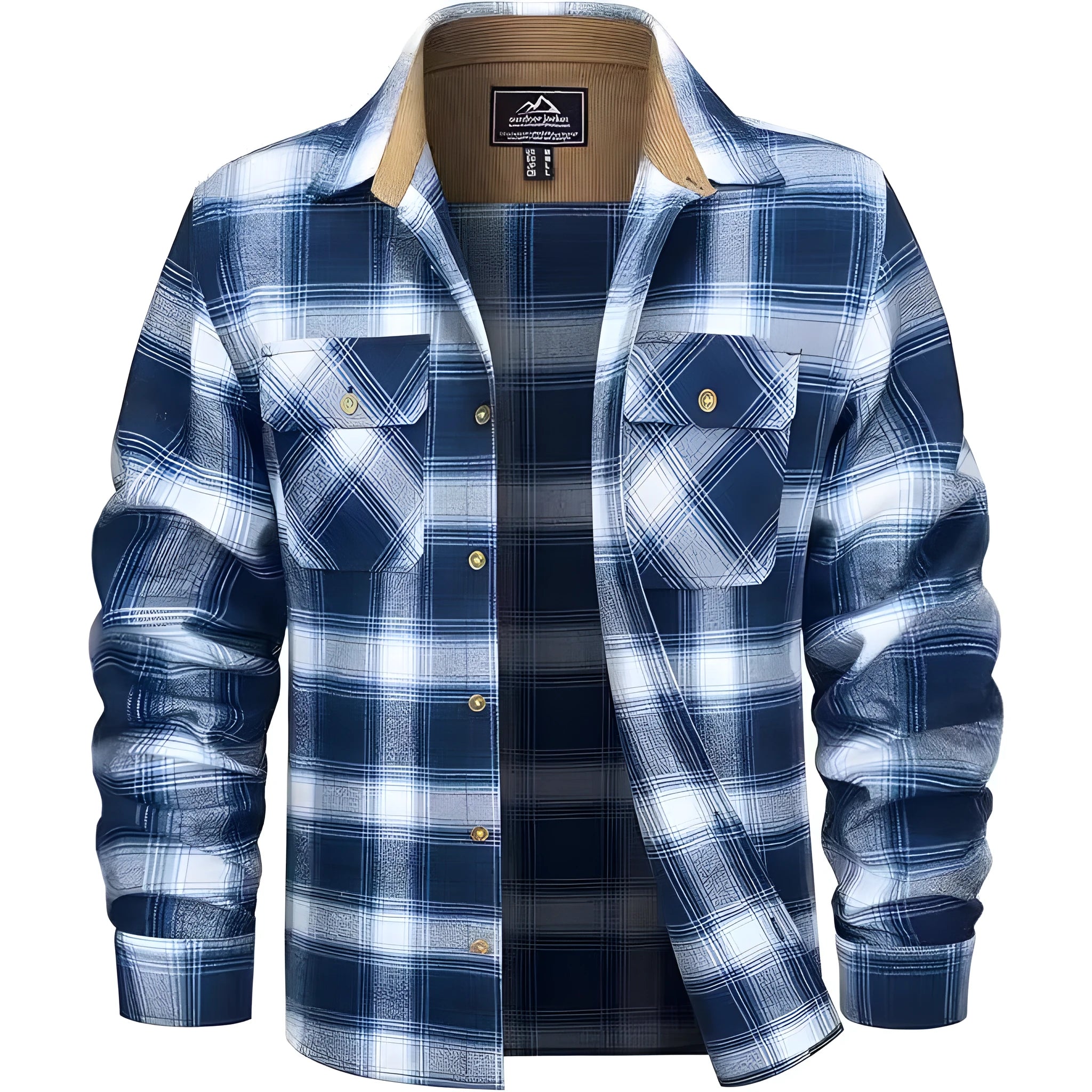 Men's plaid flannel button shirt in polyester fabric showing colour options including green, navy, and orange patterns