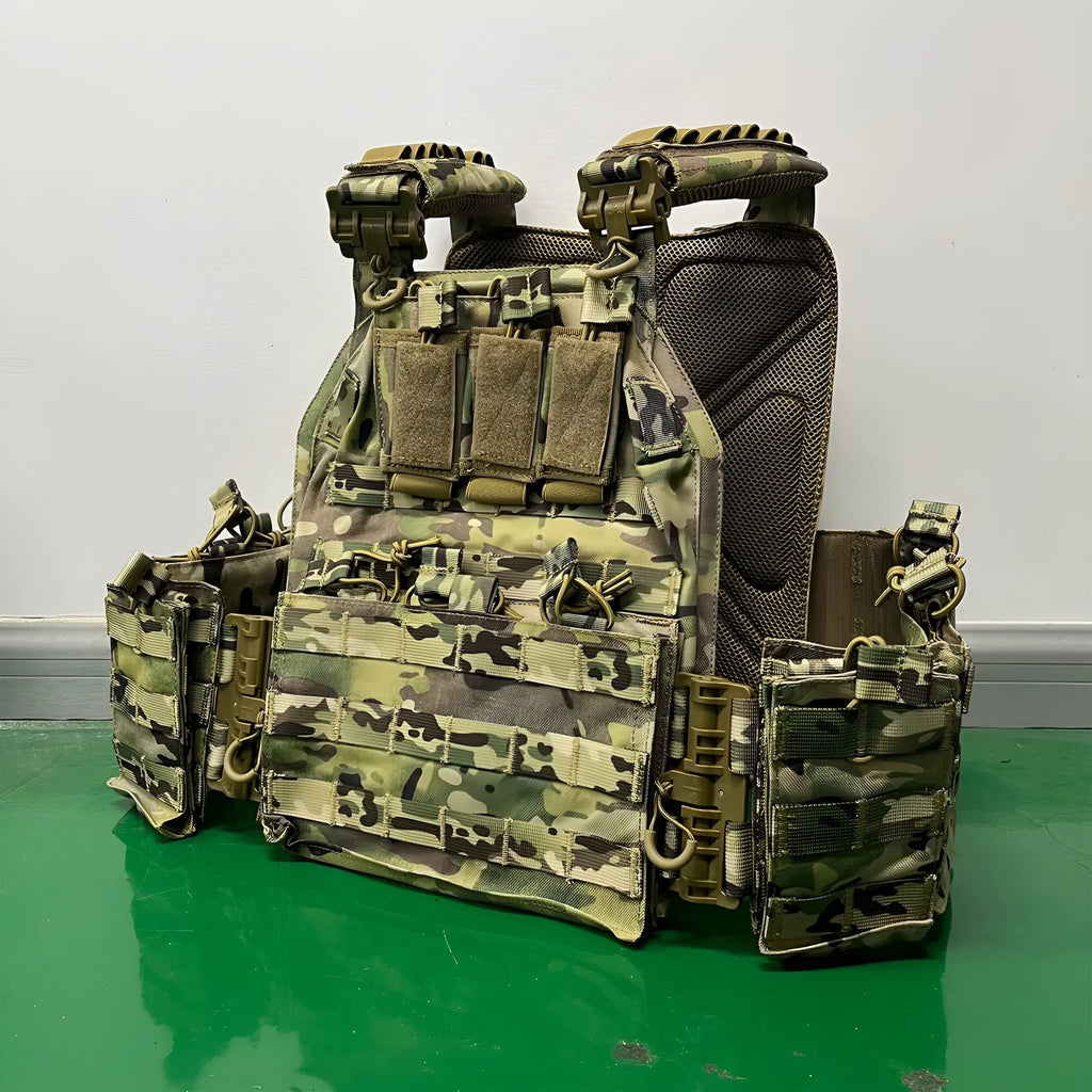 Solid colour Oxford cloth tactical vest in army green shown front view for outdoor use