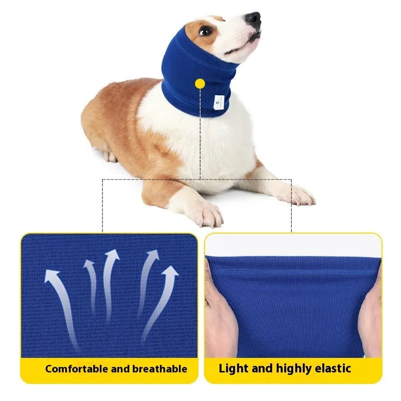 Blue and grey dog headband scarf shown in S, M and L sizes on a white background.