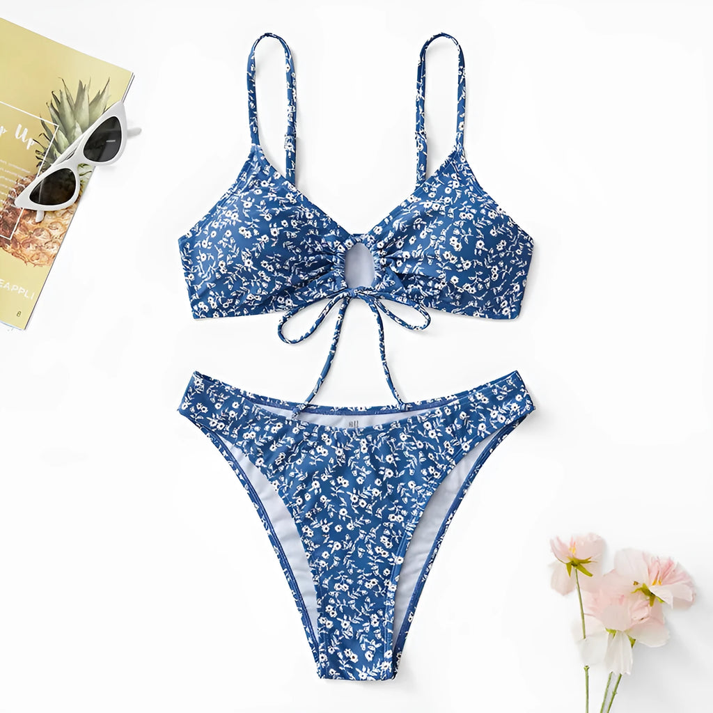Blue women's three-piece swimsuit set without steel rings, shown with top and shorts.