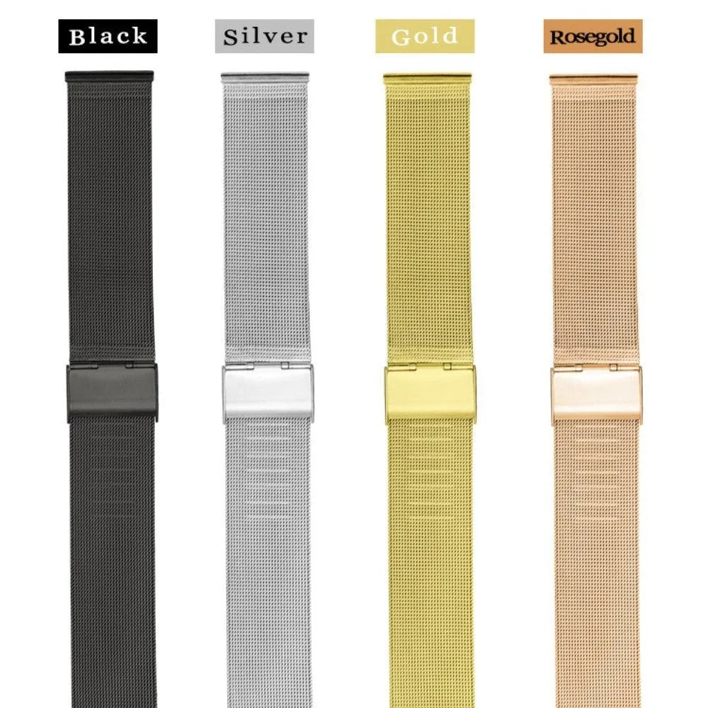 Milani woven stainless steel watch band in silver, black, rose gold, or gold with six bandwidth size options