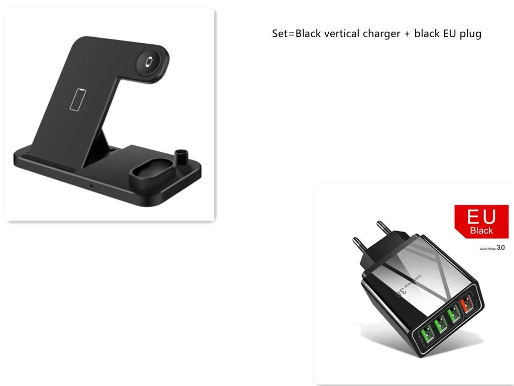 White 4-in-1 wireless charging station with phone on adjustable stand, Apple Watch, AirPods and Apple Pencil charging.