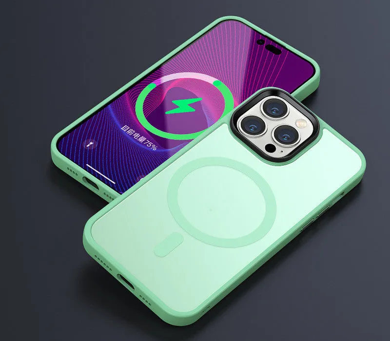 Magnetic suction frosted phone case in Cangling Green color with scrub skin texture for iPhone