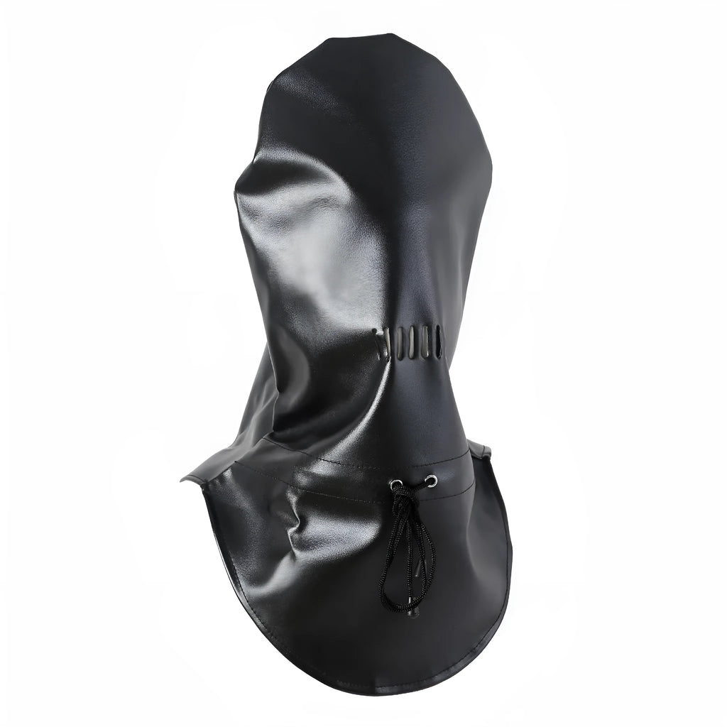 Black leather BDSM face mask with an open mouth and an adjustable buckle strap.