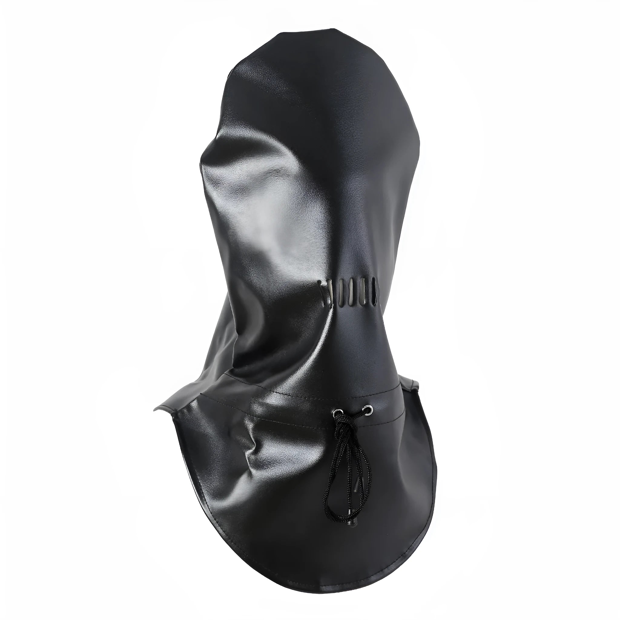 Black leather BDSM face mask with an open mouth and an adjustable buckle strap.