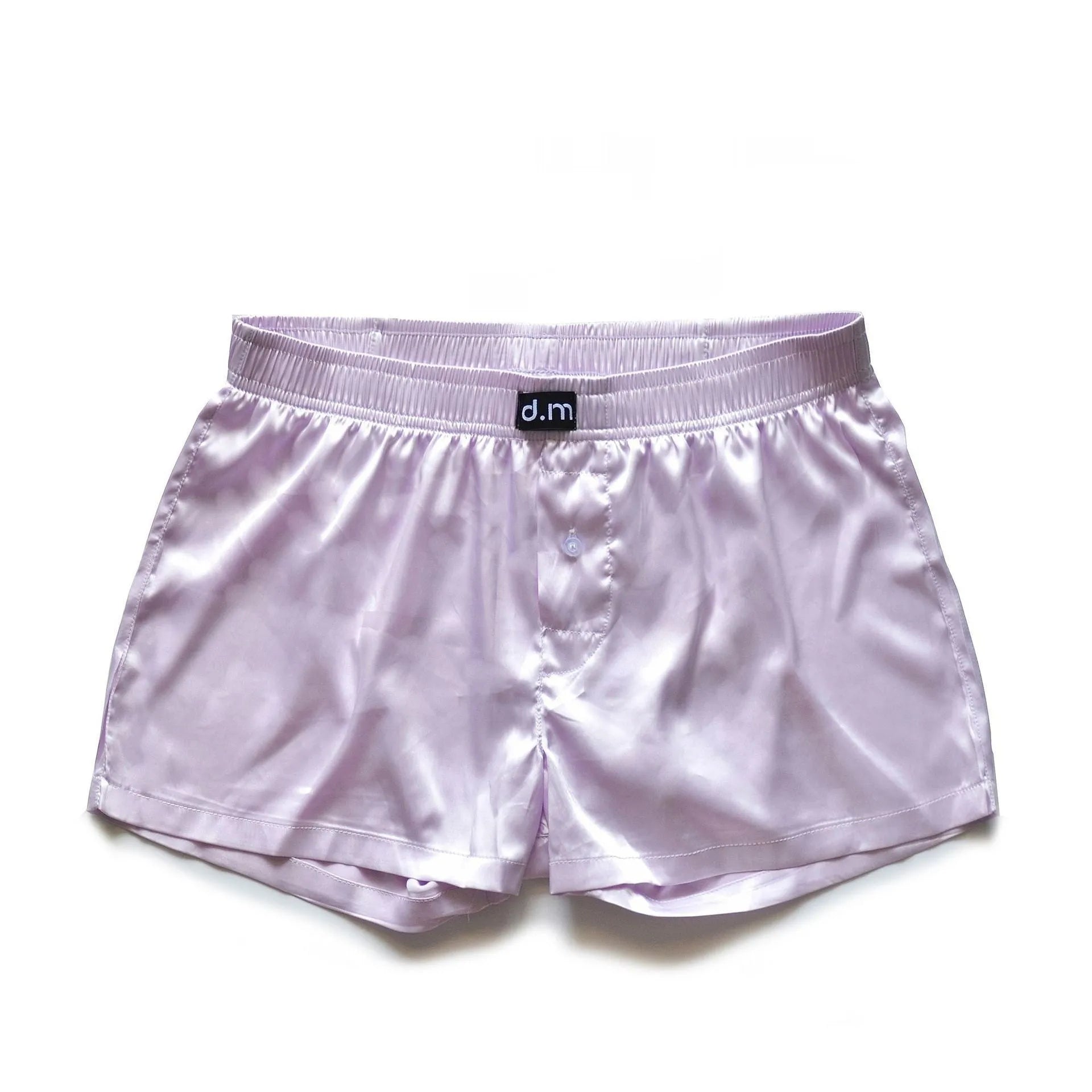 Men's silky polyester low waist boxer pajama shorts in five colours: black brown, light purple, milk coffee, navy blue, white; sizes M to XXL