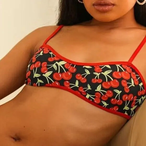 Women's cherry print floral tube top bikini swimsuit with briefs in polyester fabric
